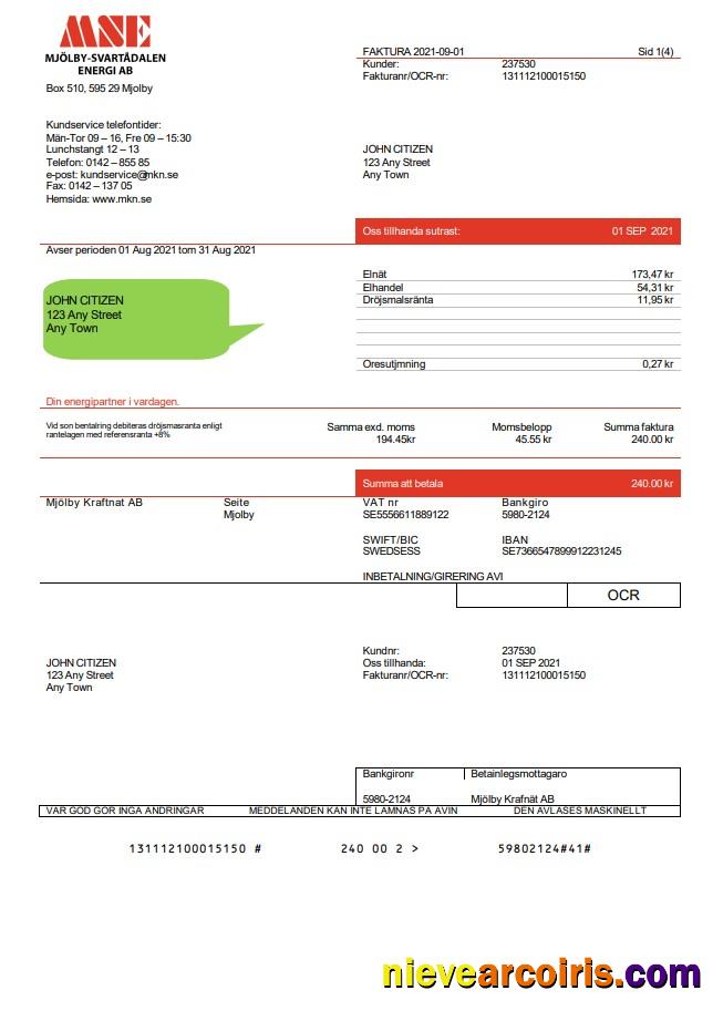 Sweden Mjölby Kraftnat AB utility bill